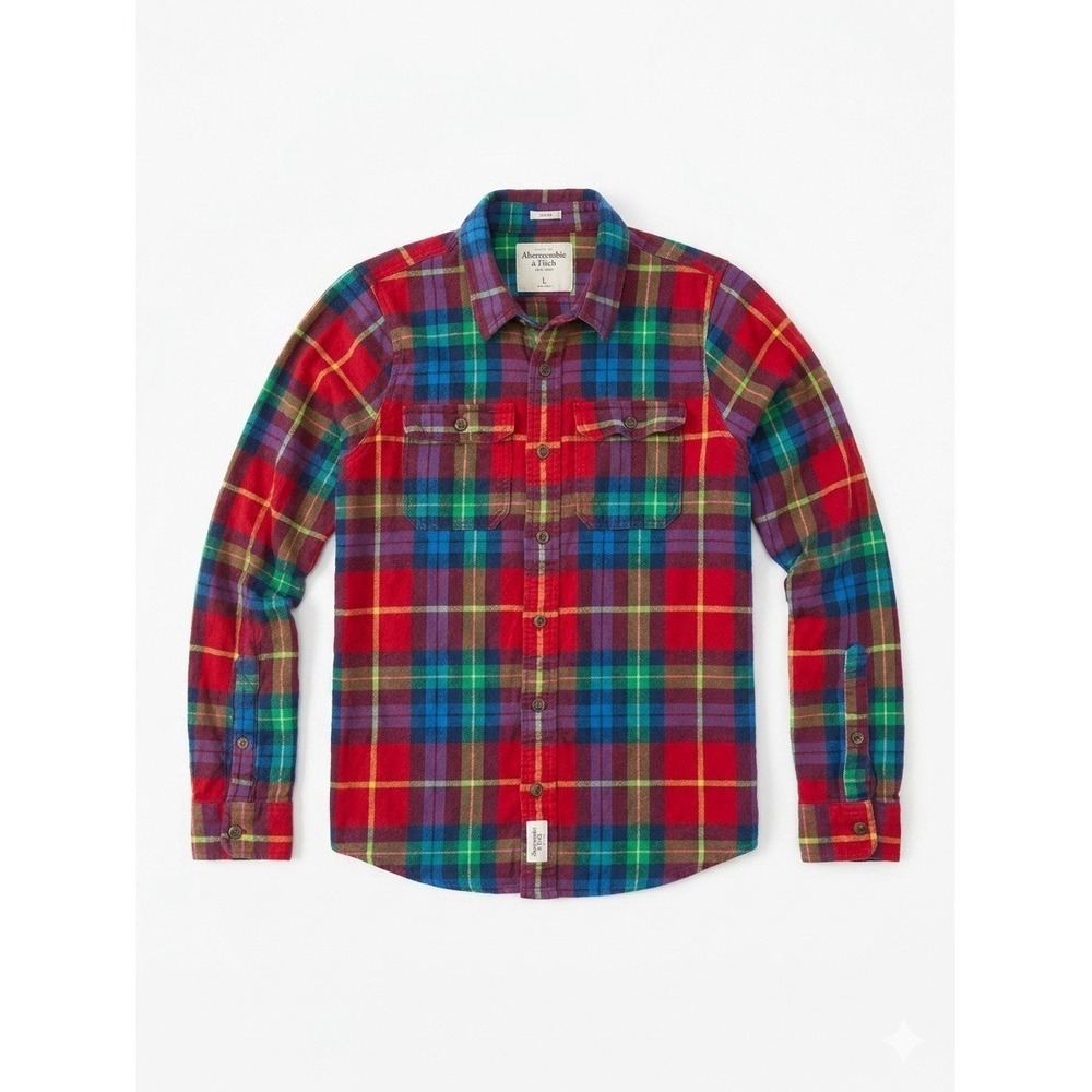 Abercrombie & Fitch Shirt Men Rainbow SzXL Flannel Button-Up Pocket Muscle Plaid
